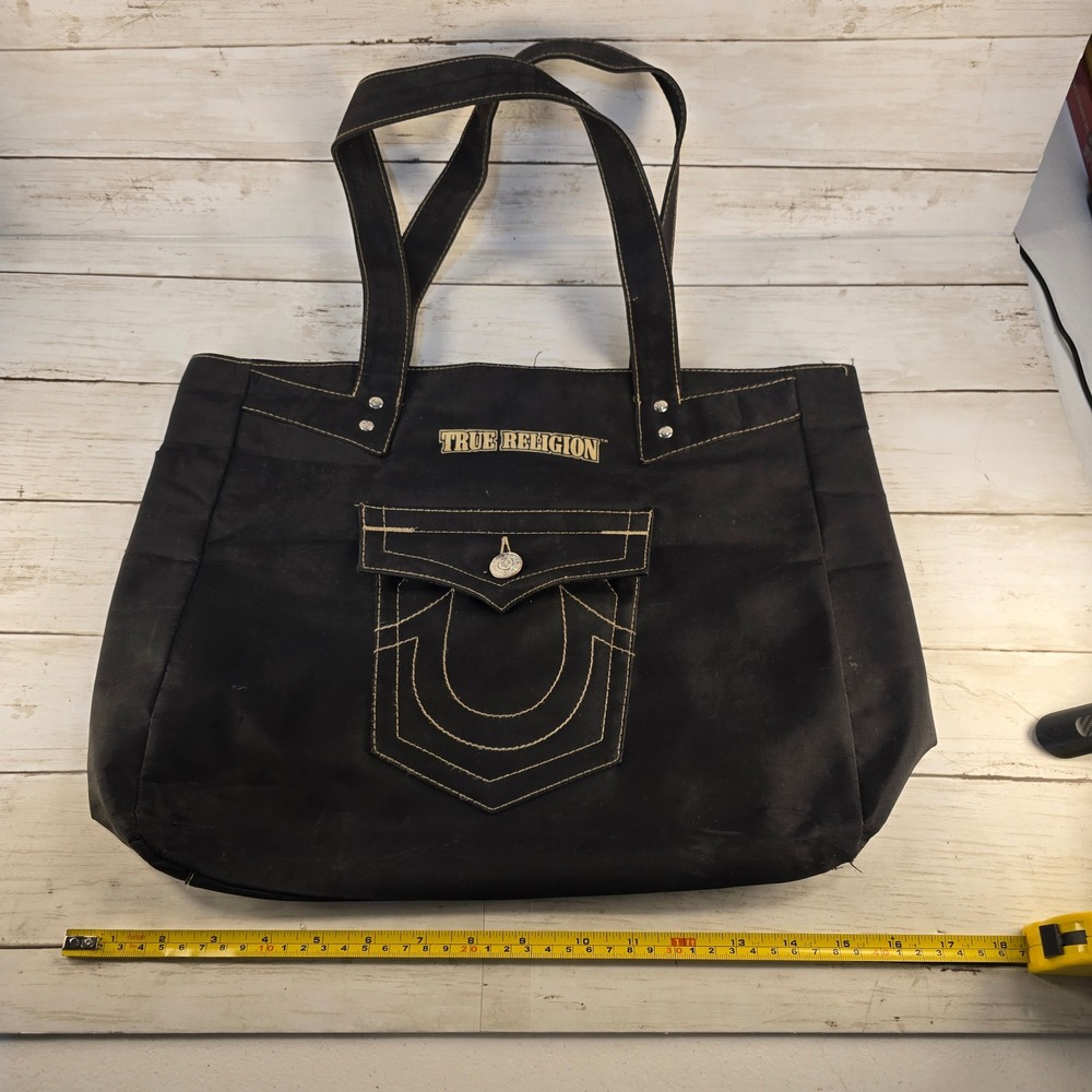 True Religion Black Canvas Tote Bag Horseshoe Logo Contrast Stitch Shoulder‎ Bag